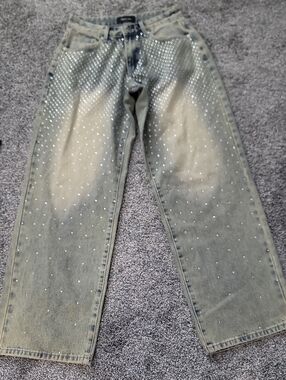 White Fox Embellished Olive Green Rhinestone Wide-Leg Jeans